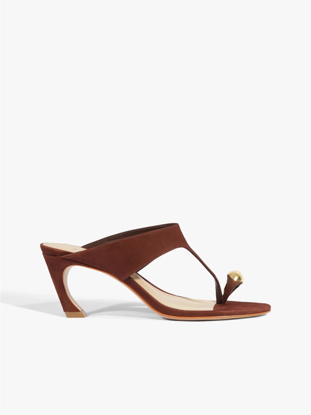 SCHUTZ Maise Brown Suede Mid-Heel Toe-Ring Sandal with Gold Accent